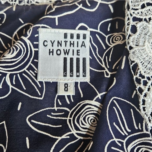 Cynthia Howie Vintage Navy Blue Outlined Floral Lace Pleated Tea Length Dress - Picture 9 of 16